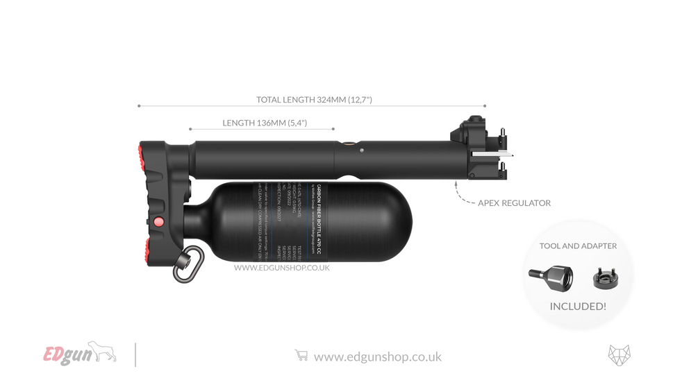 Leshiy 2 Butt with Carbon Fiber bottle470cc (with 16mm pin lock) / 136mm (5.4") / .177 (4.5 mm)