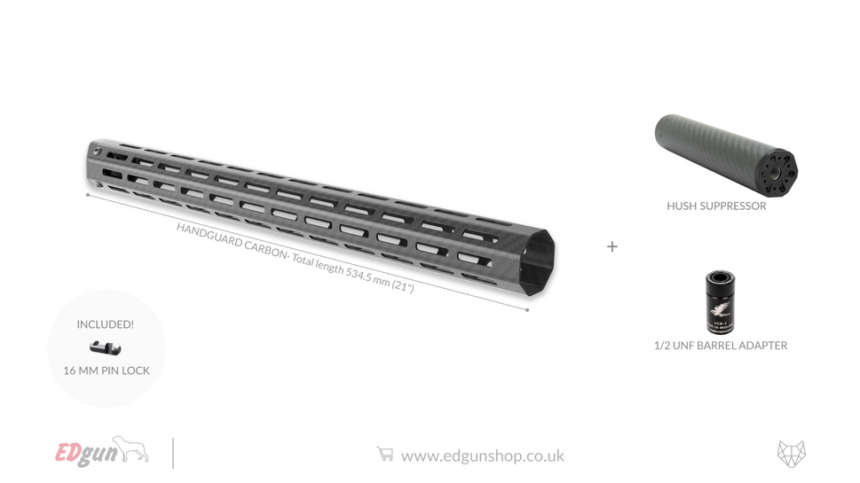 EDgun · Carbon Fiber Handguard534.5 mm / Yes: 1/2 barrel adapter (VCB-2) / Yes: Hush Suppressor (endcaps included)